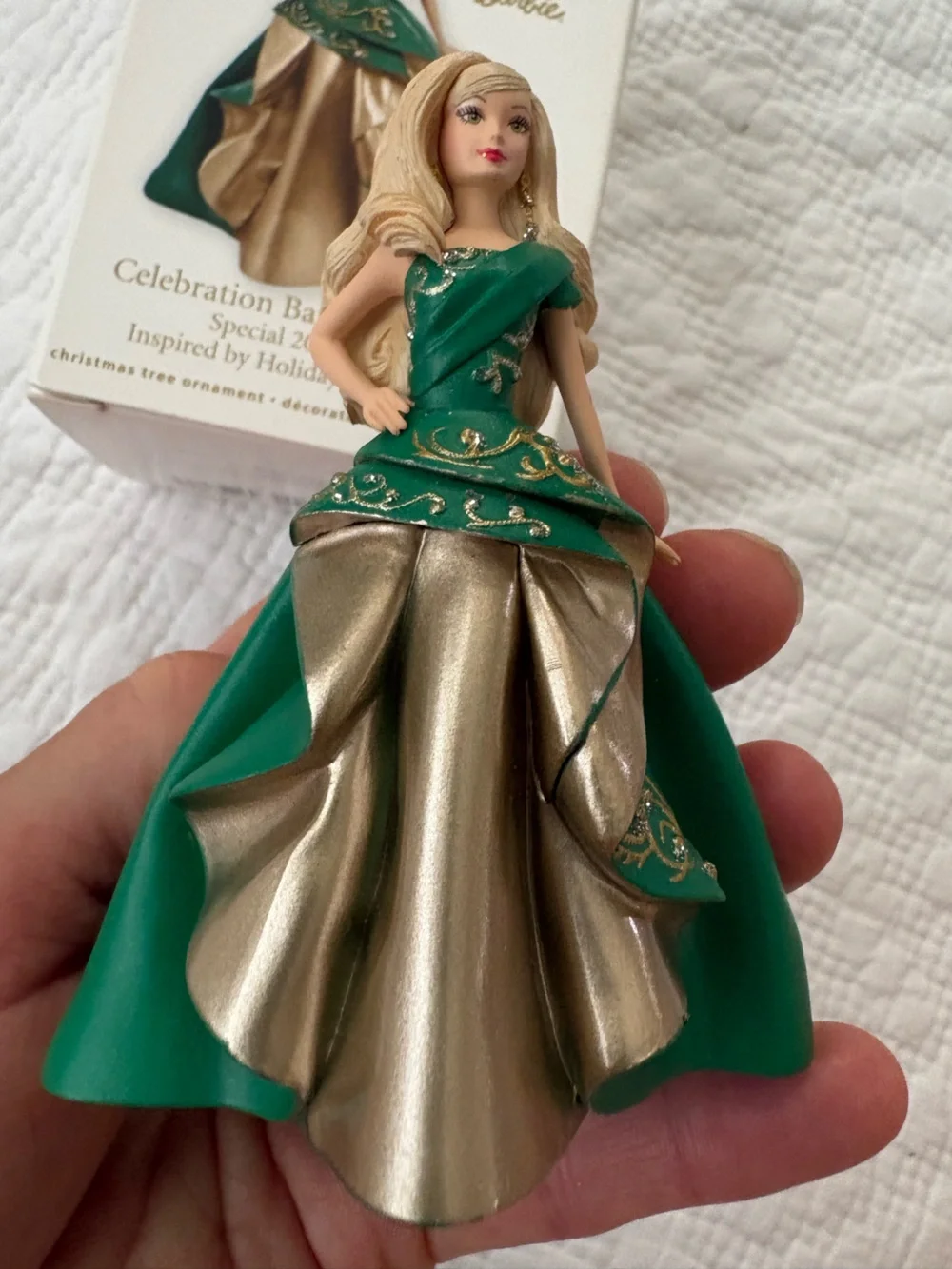 Hallmark Keepsake 2011 Barbie  Celebration Ornament Green/Gold Dress   With Box